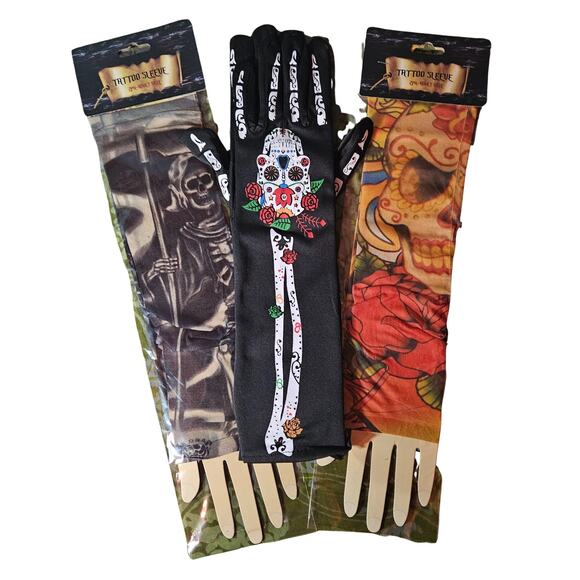 Lot of 9 Temporary Tattoos - 4 Sleeves, 1 Glove, 3 Face Blood Stitches Halloween - Picture 2 of 6